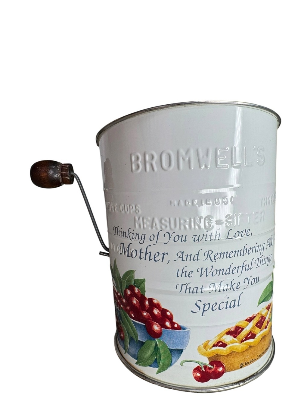 VTG Bromwell's Mother Special Hand Crank Flour Sifter Cherry Pie Kitchen Decor